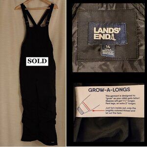 LANDS' END Kids Squall Waterproof Insulated Iron Knee Snow Bibs Sz 14 Black EUC